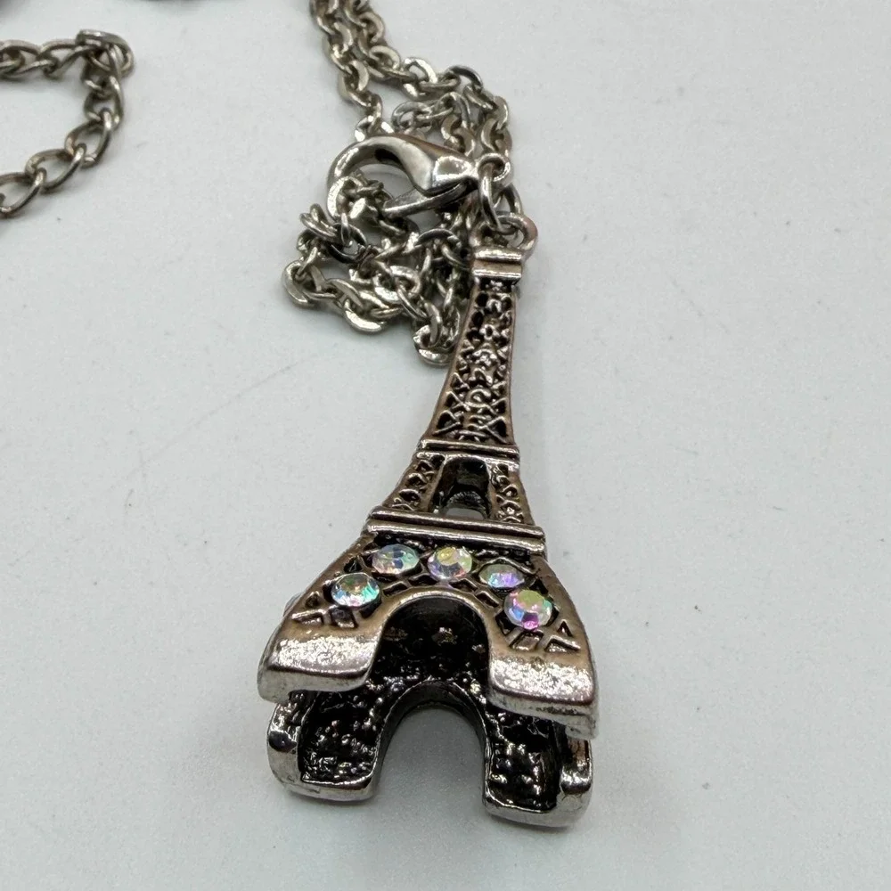 Eiffel Tower Necklace AB Rhinestone Silver Tone Paris Travel Pendant Charm Gift